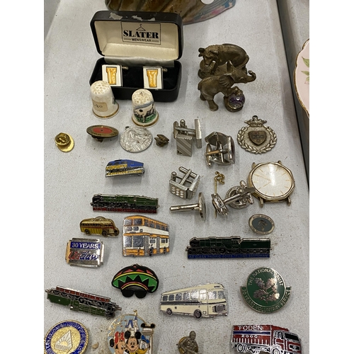 115 - A LARGE QUANTITY OF ENAMEL BADGES, CUFFLINKS, THIMBLES ETC