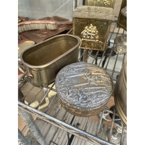 1550 - AN ASSORTMENT OF BRASS ITEMS TO INCLUDE A SMALL TWIN HANDLED PAN, CADDIES AND A LAMP ETC