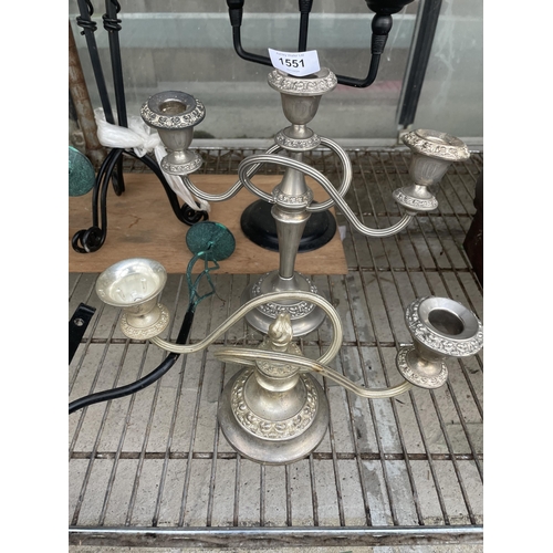 1551 - FIVE VARIOUS CANDLE HOLDERS TO INCLUDETWO TWISTED SILVER PLATED EXAMPLES