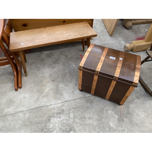 2750 - A SMALL OAK COFFEE TABLE AND SMALL COPPER BOUND DOMED TOP CHEST