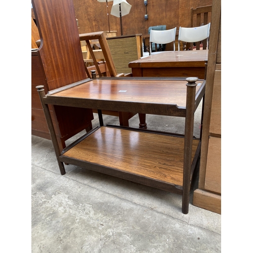 2757 - A RETRO HARDWOOD TWO TIER TROLLEY, LACKING CASTERS, WITH TURNED UPRIGHTS AND CORNERS, 29