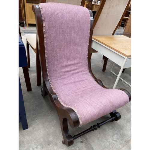 2788 - A VICTORIAN MAHOGANY X FRAME NURSING CHAIR WITH TURNED STRETCHERS (COVERED WITH LAURA ASHLEY FABRIC)