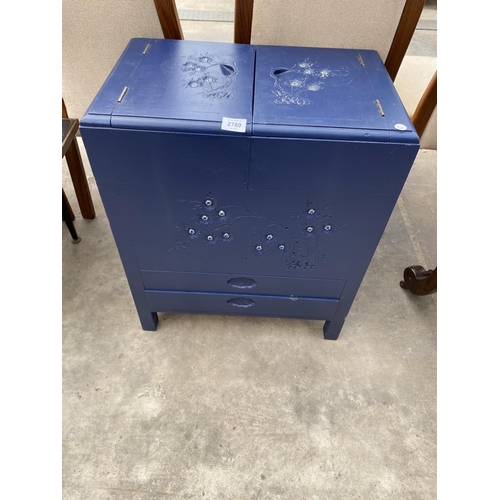 2789 - A BLUE PAINTED HARDWOOD ORIENTAL STORAGE CABINET WITH SLIDING TOP DOORS AND TWO DRAWERS TO BASE