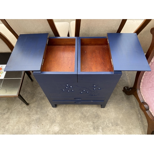 2789 - A BLUE PAINTED HARDWOOD ORIENTAL STORAGE CABINET WITH SLIDING TOP DOORS AND TWO DRAWERS TO BASE