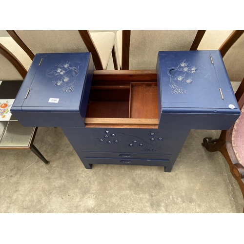 2789 - A BLUE PAINTED HARDWOOD ORIENTAL STORAGE CABINET WITH SLIDING TOP DOORS AND TWO DRAWERS TO BASE