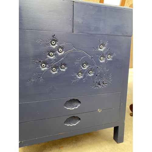 2789 - A BLUE PAINTED HARDWOOD ORIENTAL STORAGE CABINET WITH SLIDING TOP DOORS AND TWO DRAWERS TO BASE