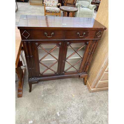 2793 - A 19TH CENTURY STYLE MAHOGANY TWO DOOR DISPLAY CABINET WITH TWO FRIEZE DRAWERS AND APPLIED DECORATIO... 