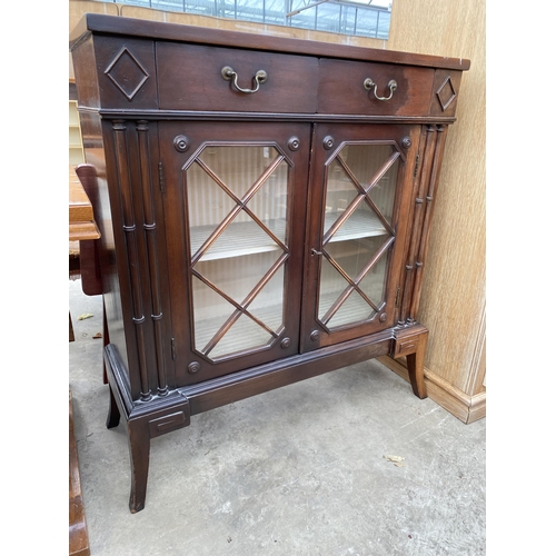 2793 - A 19TH CENTURY STYLE MAHOGANY TWO DOOR DISPLAY CABINET WITH TWO FRIEZE DRAWERS AND APPLIED DECORATIO... 