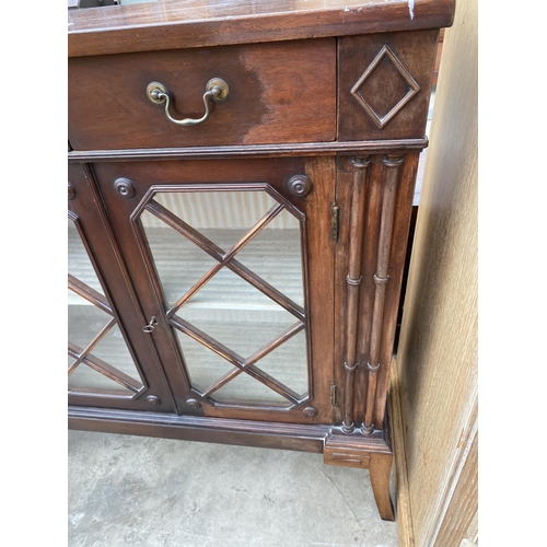 2793 - A 19TH CENTURY STYLE MAHOGANY TWO DOOR DISPLAY CABINET WITH TWO FRIEZE DRAWERS AND APPLIED DECORATIO... 