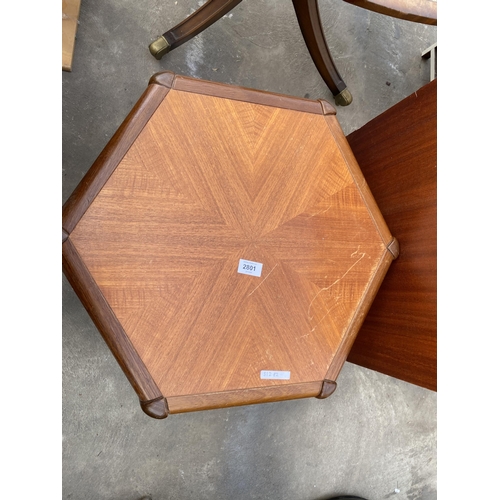 2801 - A RETRO HEXAGONAL TWO TIER TABLE STAMPED 'MADE IN DENMARK', 22