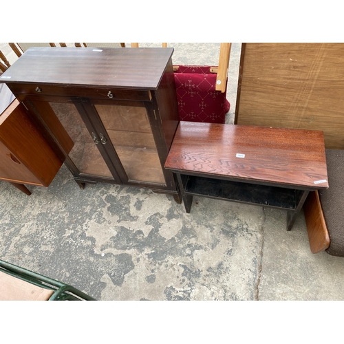 2805 - A MAHOGANY TWO DOOR GLAZED DISPLAY CABINET WITH FRIEZE DRAWER AND AN OAK TABLE