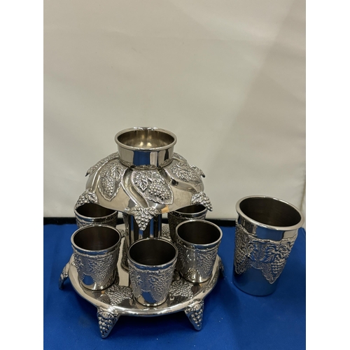 19 - A SILVER PLATED SIX CUP KIDDUSH FOUNTAIN FOR SABBATT JUDAICA HEIGHT 22.5CM, DIAMETER 16.5 CM, SMALL ... 