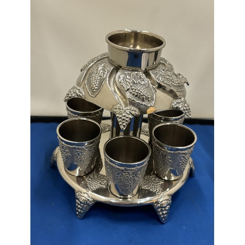 19 - A SILVER PLATED SIX CUP KIDDUSH FOUNTAIN FOR SABBATT JUDAICA HEIGHT 22.5CM, DIAMETER 16.5 CM, SMALL ... 