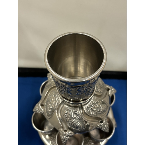 19 - A SILVER PLATED SIX CUP KIDDUSH FOUNTAIN FOR SABBATT JUDAICA HEIGHT 22.5CM, DIAMETER 16.5 CM, SMALL ... 