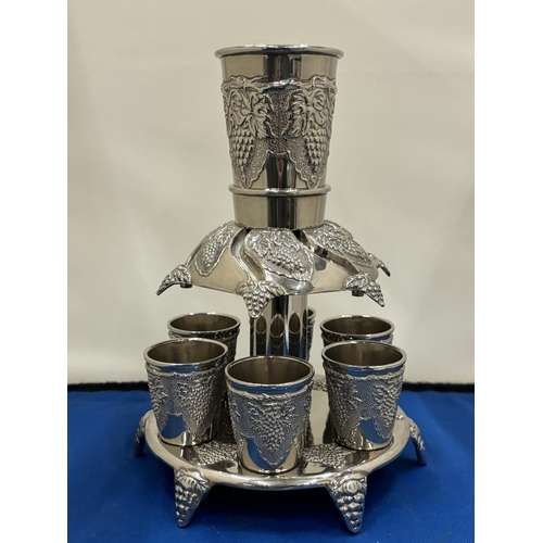 19 - A SILVER PLATED SIX CUP KIDDUSH FOUNTAIN FOR SABBATT JUDAICA HEIGHT 22.5CM, DIAMETER 16.5 CM, SMALL ... 