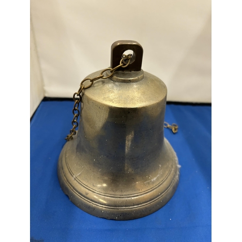 22 - A HEAVY BRASS BELL ON A CHAIN WITH CLANGER