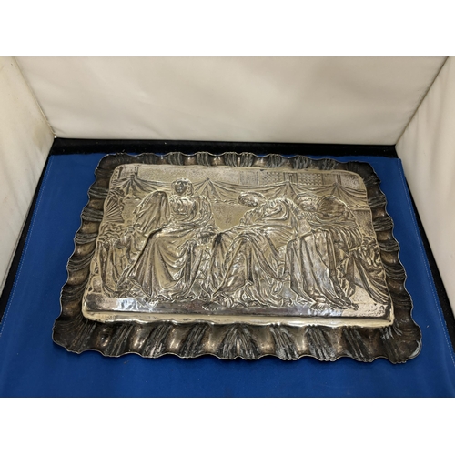 27 - A PRE 1900 BOARDMAN AND GLOSSOP SILVER PLATED REPOUSSE TRAY DEPICTING THE DREAMERS BY ALBERT JOSEPH ... 