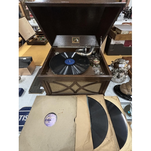 34 - A VINTAGE HIS MASTERS VOICE GRAMAPHONE WITH DUSTER AND TWELVE VARIOUS 78RPM SHELLAC RECORDS SEEN IN ... 