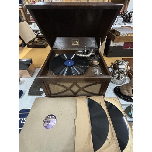 34 - A VINTAGE HIS MASTERS VOICE GRAMAPHONE WITH DUSTER AND TWELVE VARIOUS 78RPM SHELLAC RECORDS SEEN IN ... 