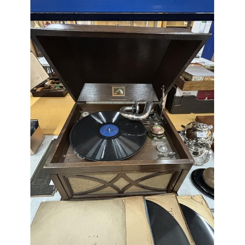 34 - A VINTAGE HIS MASTERS VOICE GRAMAPHONE WITH DUSTER AND TWELVE VARIOUS 78RPM SHELLAC RECORDS SEEN IN ... 