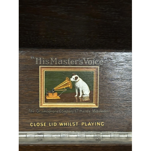 34 - A VINTAGE HIS MASTERS VOICE GRAMAPHONE WITH DUSTER AND TWELVE VARIOUS 78RPM SHELLAC RECORDS SEEN IN ... 