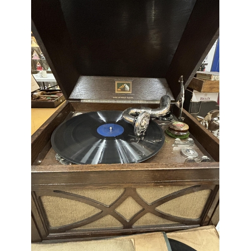 34 - A VINTAGE HIS MASTERS VOICE GRAMAPHONE WITH DUSTER AND TWELVE VARIOUS 78RPM SHELLAC RECORDS SEEN IN ... 