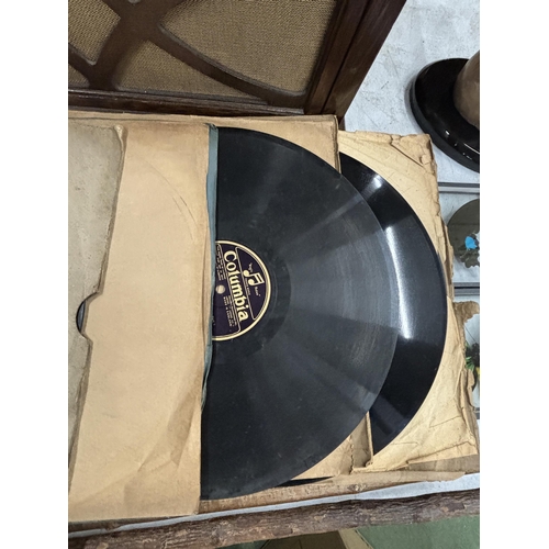 34 - A VINTAGE HIS MASTERS VOICE GRAMAPHONE WITH DUSTER AND TWELVE VARIOUS 78RPM SHELLAC RECORDS SEEN IN ... 