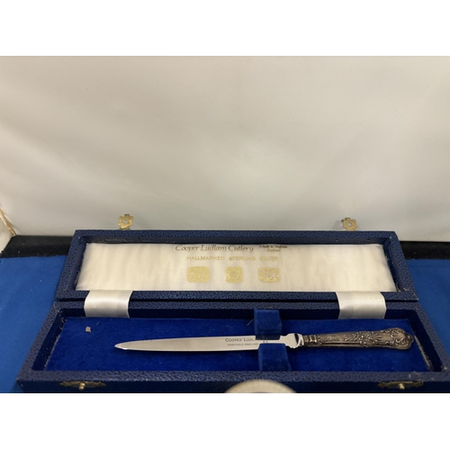 38 - FIVE VARIOUS MARKED SILVER ITEMS TO INCLUDE A BOXED SHEFFIELD KNIFE