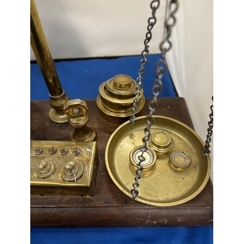 50 - A SET OF AGATE BRASS BALANCE SCALES ON A WOODEN BASE WITH VARIOUS WEIGHTS