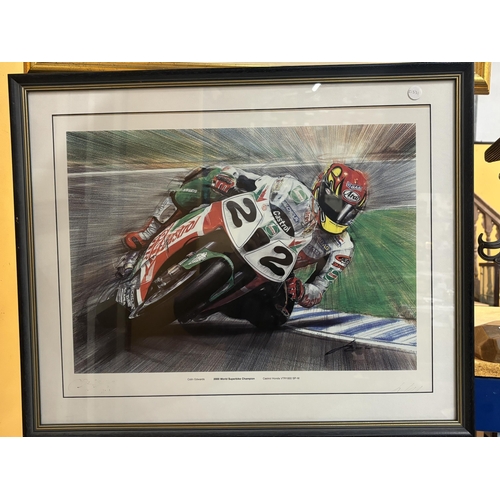 63 - THREE FRAMED SIGNED ITEMS TO INCLUDE PHOTOGRAPHS OF CARL FOGARTY AND COLIN EDWARDS (VENDOR REPORTS T... 