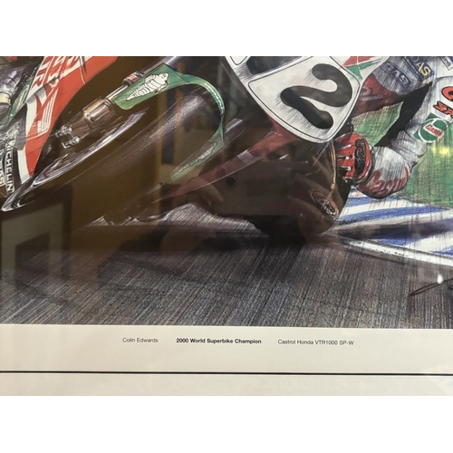 63 - THREE FRAMED SIGNED ITEMS TO INCLUDE PHOTOGRAPHS OF CARL FOGARTY AND COLIN EDWARDS (VENDOR REPORTS T... 