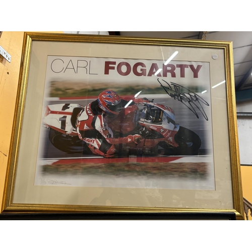 63 - THREE FRAMED SIGNED ITEMS TO INCLUDE PHOTOGRAPHS OF CARL FOGARTY AND COLIN EDWARDS (VENDOR REPORTS T... 