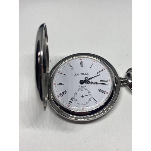 644 - A JEAN PIERRE 17 JEWELS INCBLOC POCKET WATCH WITH POUCH IN A PRESENTATION BOX SEEN WORKING BUT NO WA... 