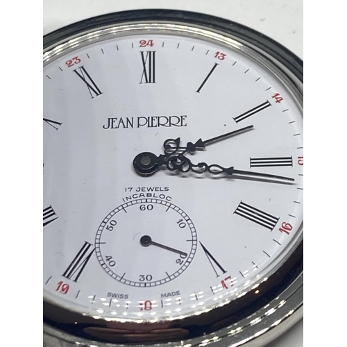 644 - A JEAN PIERRE 17 JEWELS INCBLOC POCKET WATCH WITH POUCH IN A PRESENTATION BOX SEEN WORKING BUT NO WA... 