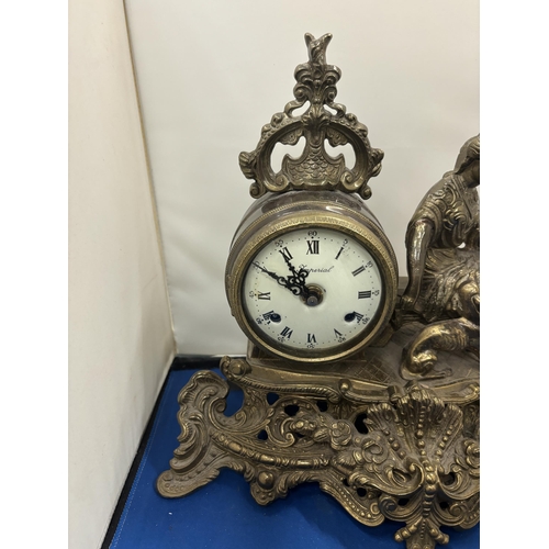 92 - A DECORATIVE GILT BRONZE 20TH CENTURY GERMAN MANTLE CLOCK WITH WHITE ENAMEL DIAL MARKED IMPERIAL AND... 