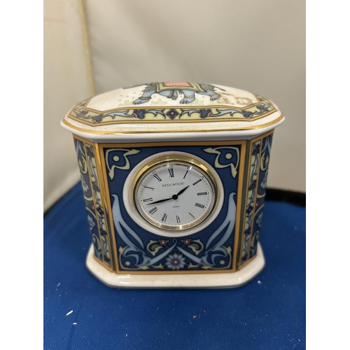 99 - THREE VARIOUS MANTLE CLOCKS TO IN CLUDE A BLUE WEDGWOOD JASPERWARE AND A FURTHER ASIAN DESIGN WEDGWO... 