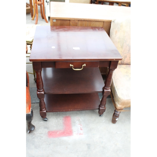 2954 - A MAHOGANY SIDE TABLE WITH SINGLE DRAWER AND TWO LOWER SHELVES