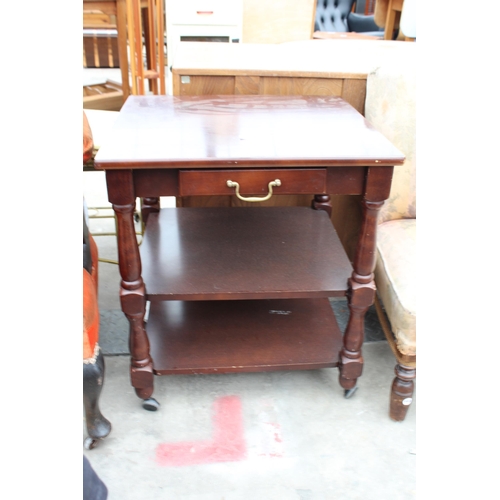 2954 - A MAHOGANY SIDE TABLE WITH SINGLE DRAWER AND TWO LOWER SHELVES