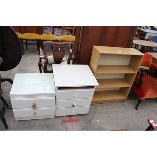 2956 - TWO WHITE BEDROOM CHESTS AND AN OPEN THREE TIER BOOKCASE