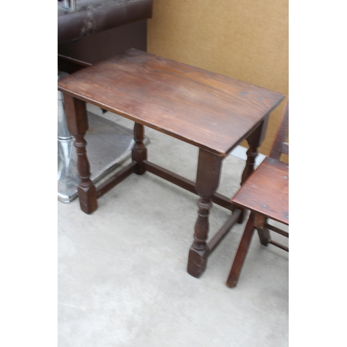 2984 - A FOLDING CHILDS CHAIR, OAK OCCASIONAL TABLE AND A SMALL OAK TABLE WITH CARVED FOLIATE TOP ON TURNED... 