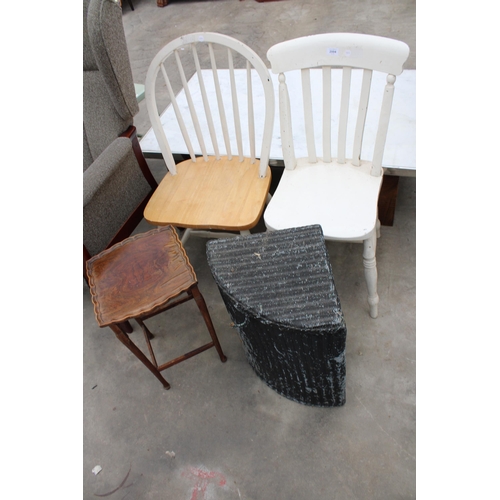 2994 - TWO CHAIRS, LINEN BASKET, T.V. STAND AND A SMALL TABLE