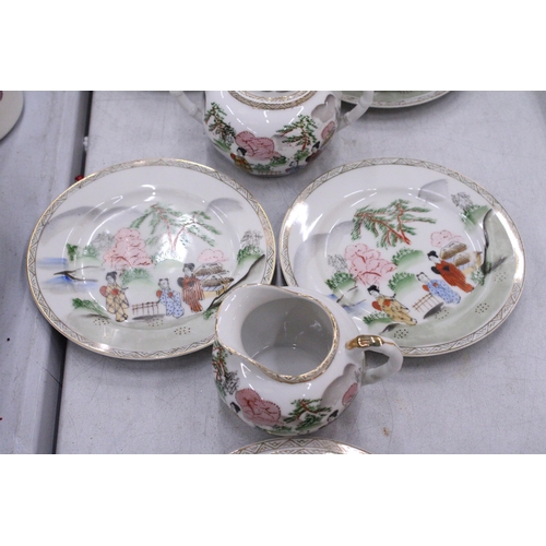 139 - A JAPANESE KUTANI STYLE TEASET WITH GEISHA GIRL LIPOTHANE TO INCLUDE A TEAPOT