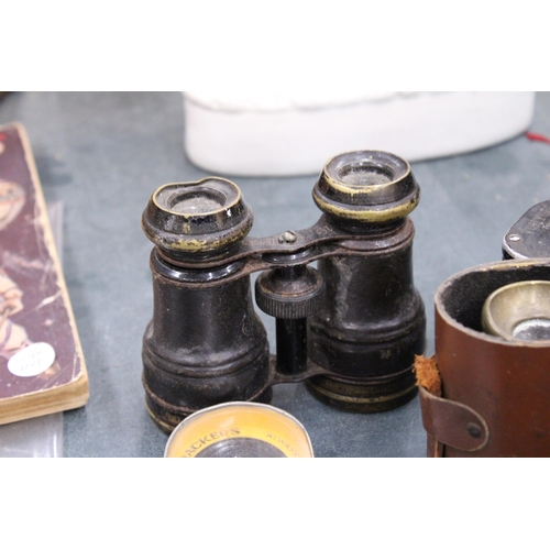 145 - A QUANTITY OF BINOCULARS TO INCLUDE A PAIR OF VINTAGE FOLDING OPERA GLASSES, ZIPPO LIGHTER, ETC.,