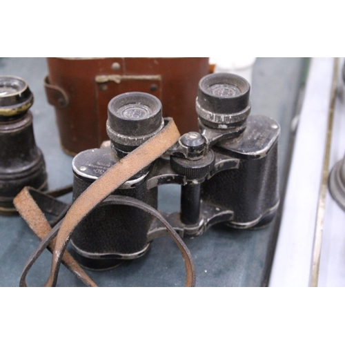 145 - A QUANTITY OF BINOCULARS TO INCLUDE A PAIR OF VINTAGE FOLDING OPERA GLASSES, ZIPPO LIGHTER, ETC.,