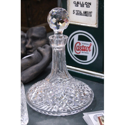 158 - A CRYSTAL SHIPS DECANTER AND STOPPER TOGETHER WITH  A CRYSTAL WATER CARAFE SET