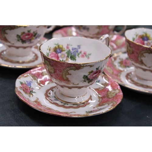 173 - SIX ROYAL ALBERT LADY CARLYLE MALVERN SHAPED TEACUPS AND SAUCERS