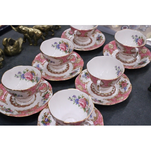 173 - SIX ROYAL ALBERT LADY CARLYLE MALVERN SHAPED TEACUPS AND SAUCERS