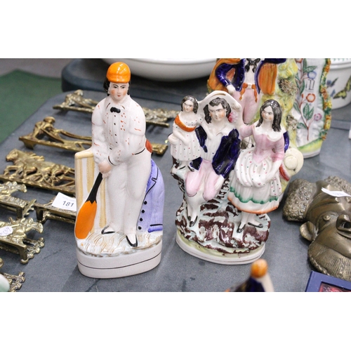 180 - SIX STAFFORDSHIRE FIGURES TO INCLUDE AN ACTOR, CRICKETER, ETC.,