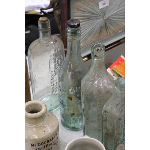 199 - A QUANTITY OF GLASS CODD BOTTLES TO INCLUDE A SALT GLAZED STONEWARE BOTTLE, ETC.,