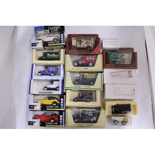 356 - SEVENTEEN BOXED DIE-CAST VINTAGE STYLE CARS AND VANS - MATCHBOX, YESTERYEAR, LLEDO, ETC